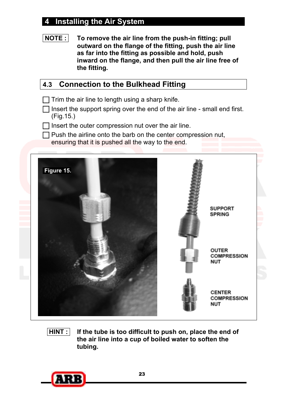 4 installing the air system, Connection to the bulkhead fitting | ARB RD139 User Manual | Page 25 / 36