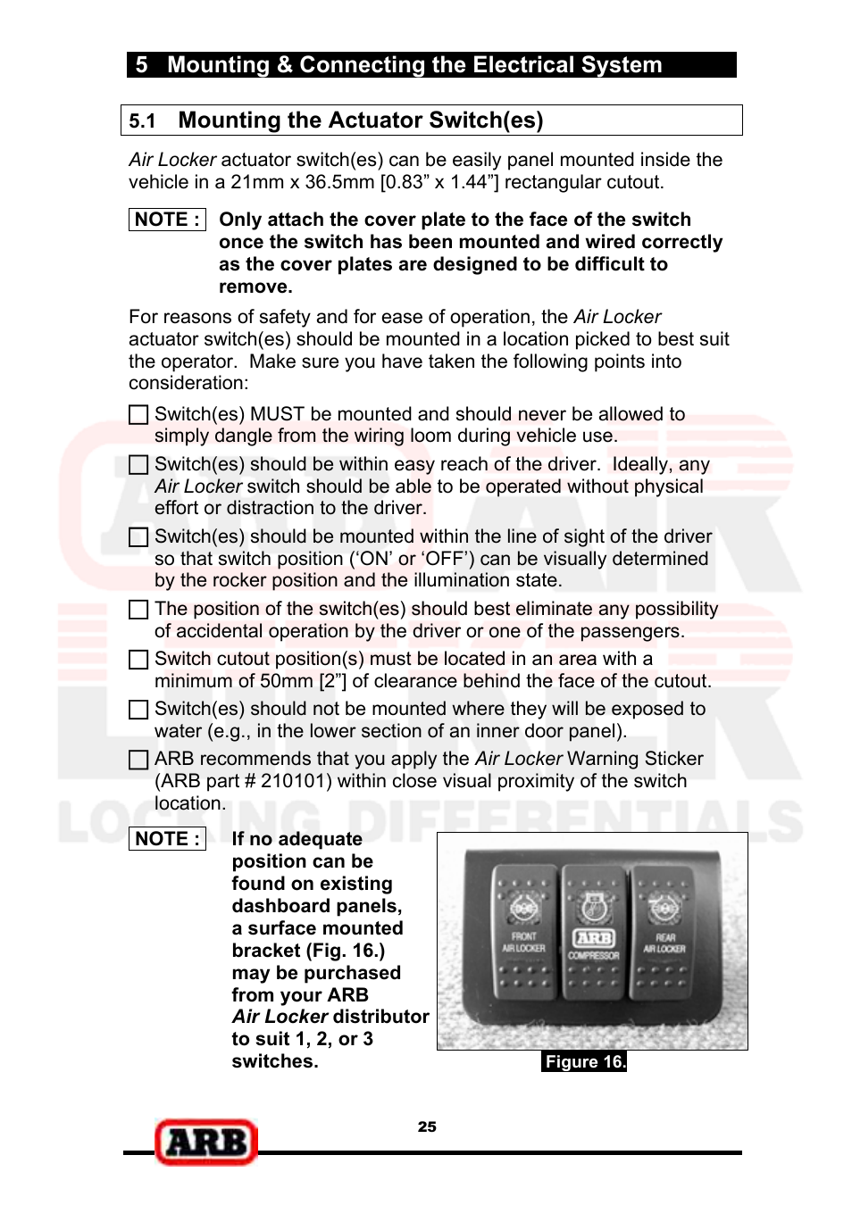 5 mounting & connecting the electrical system, Mounting the actuator switch(es) | ARB RD139 User Manual | Page 27 / 36