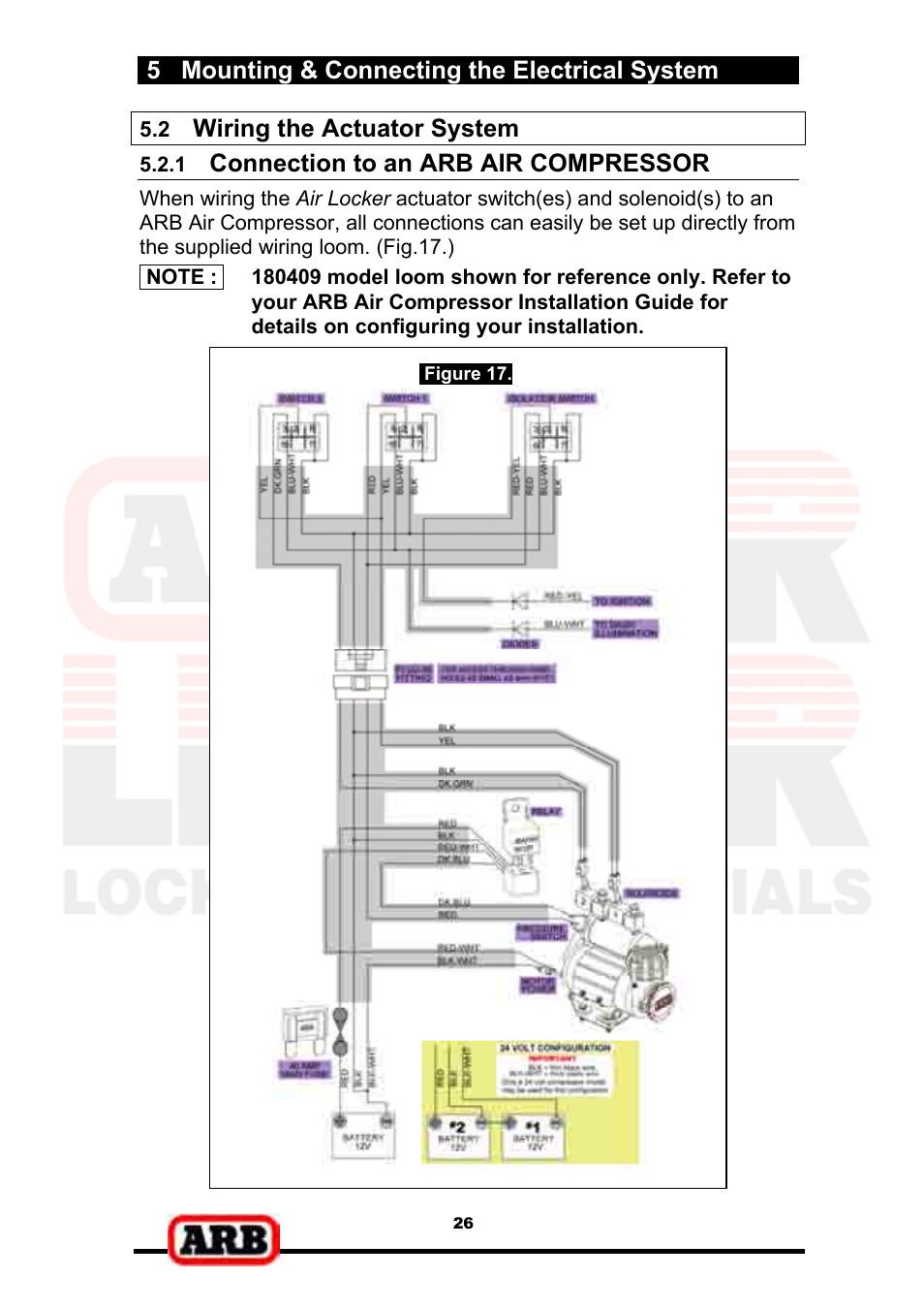 5 mounting & connecting the electrical system, Wiring the actuator system, Connection to an arb air compressor | ARB RD139 User Manual | Page 28 / 36