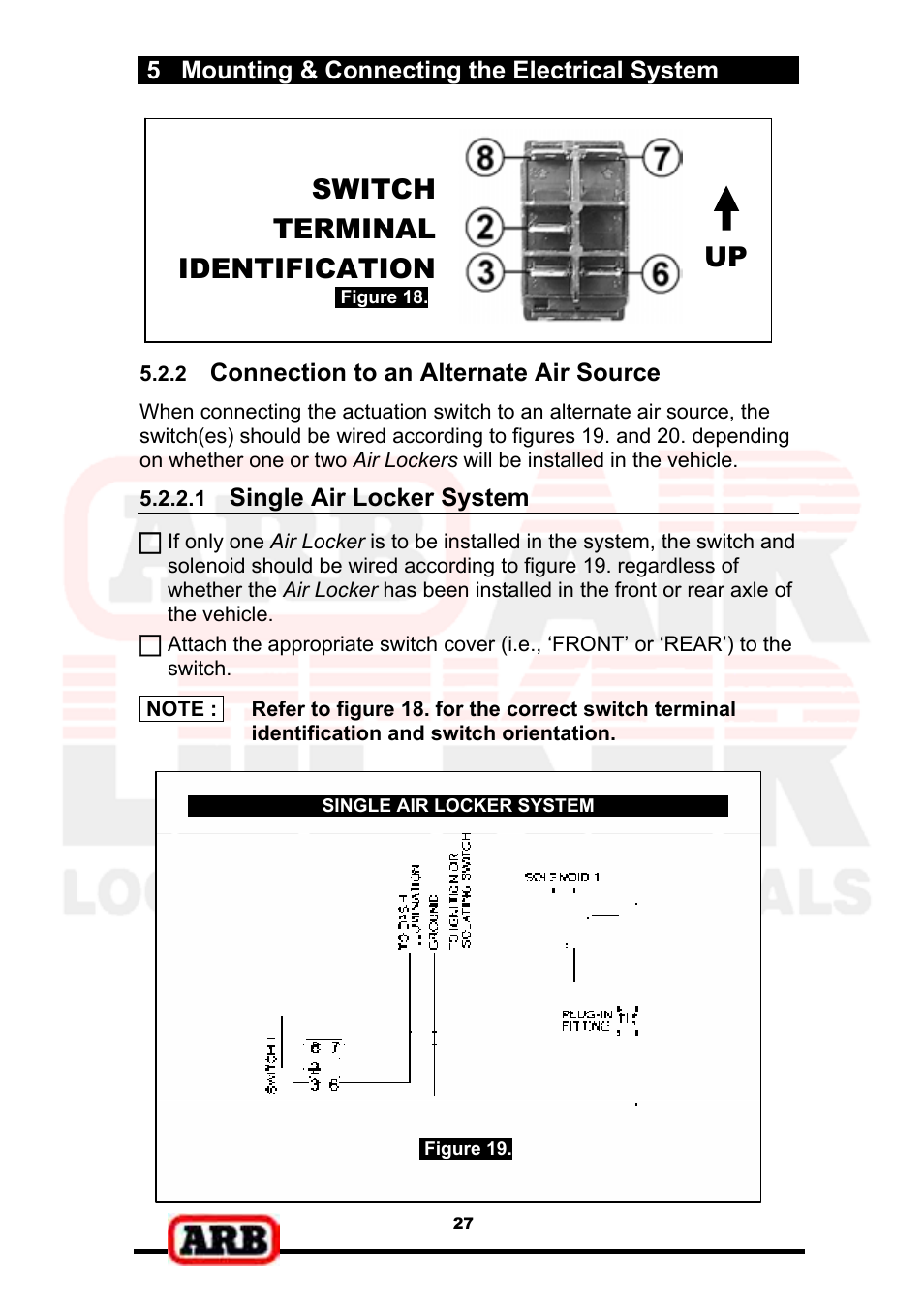 Switch terminal identification, 5 mounting & connecting the electrical system, Connection to an alternate air source | Single air locker system | ARB RD139 User Manual | Page 29 / 36