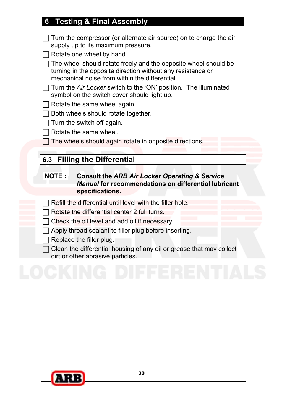 6 testing & final assembly, Filling the differential | ARB RD139 User Manual | Page 32 / 36