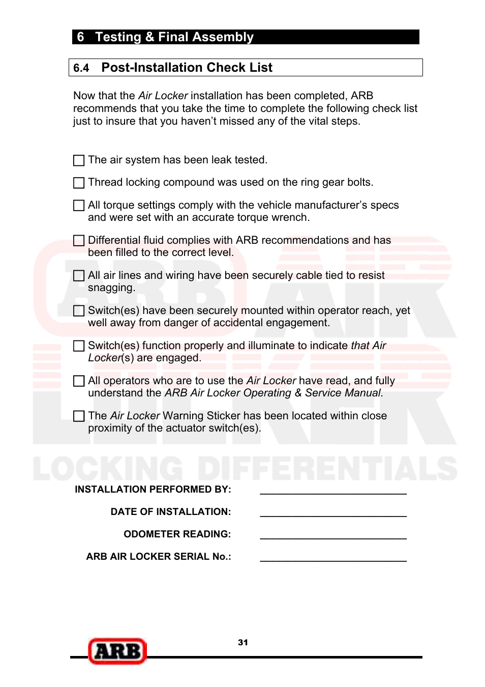 6 testing & final assembly, Post-installation check list | ARB RD139 User Manual | Page 33 / 36