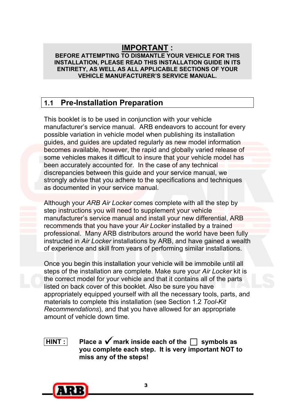 Important, Pre-installation preparation | ARB RD139 User Manual | Page 5 / 36