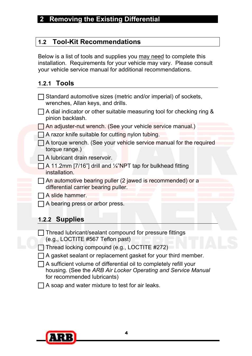 2 removing the existing differential, Tool-kit recommendations, Tools | Supplies | ARB RD139 User Manual | Page 6 / 36