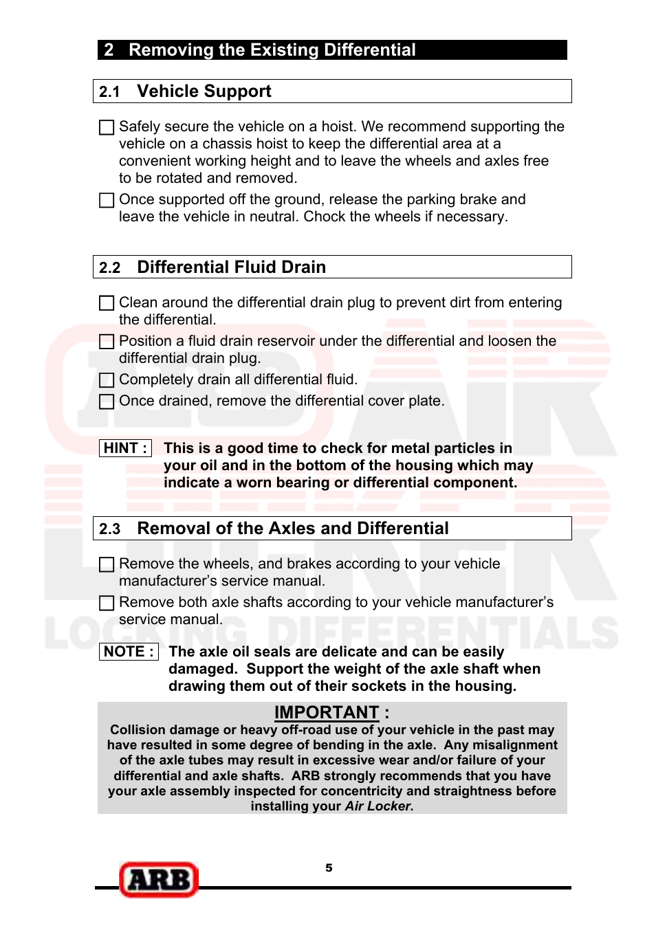 2 removing the existing differential, Vehicle support, Differential fluid drain | Removal of the axles and differential, Important | ARB RD139 User Manual | Page 7 / 36