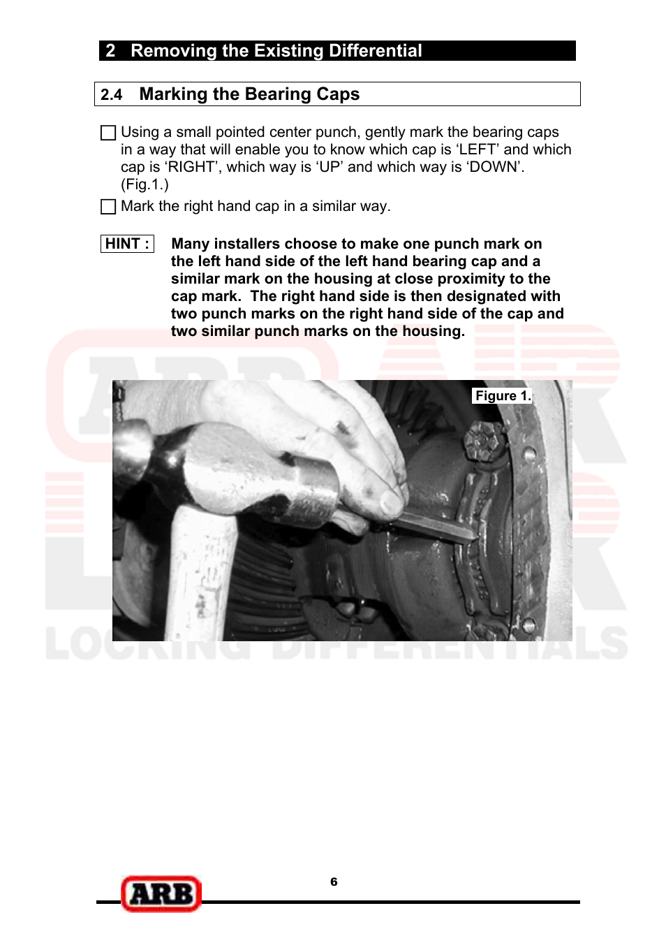 2 removing the existing differential, Marking the bearing caps | ARB RD139 User Manual | Page 8 / 36