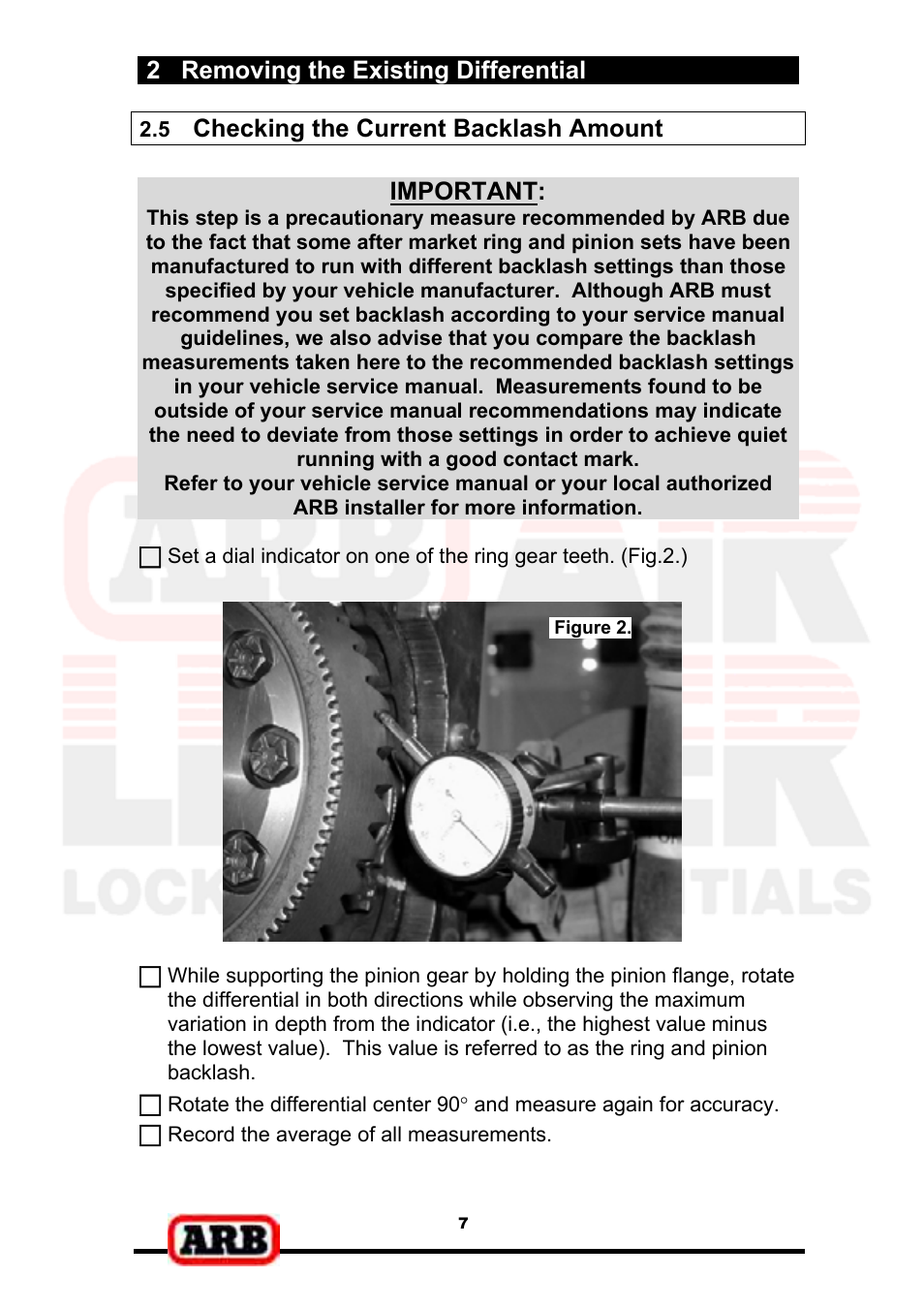 2 removing the existing differential, Checking the current backlash amount, Important | ARB RD139 User Manual | Page 9 / 36