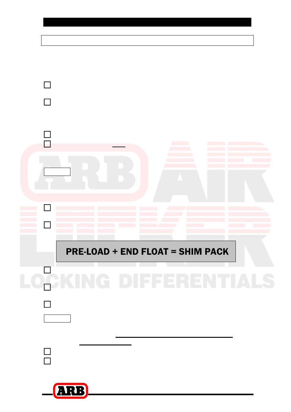 5 calculation & selection of pre-load shims, Pre-load + end float = shim pack, 4 installing the air locker | Calculation & selection of pre-load shims | ARB RD158 User Manual | Page 18 / 38