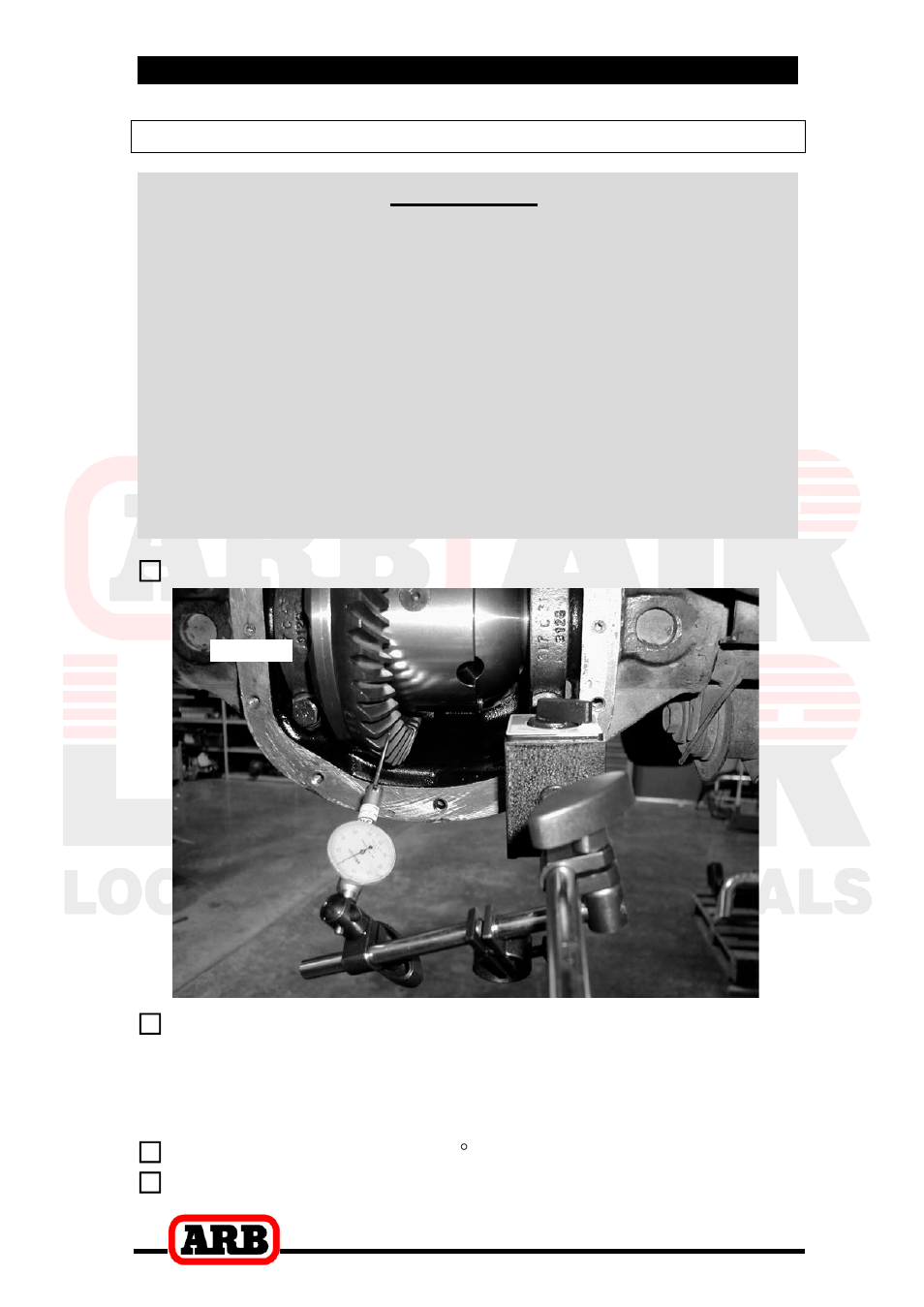 5 checking the current backlash amount, 2 removing the existing differential, Checking the current backlash amount | Important | ARB RD158 User Manual | Page 9 / 38