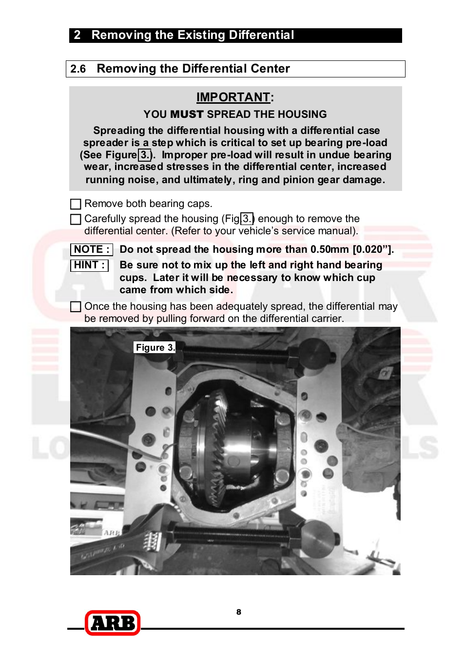 2 removing the existing differential, Removing the differential center, Important | You must spread the housing, Figure 3 | ARB RD166 User Manual | Page 10 / 42