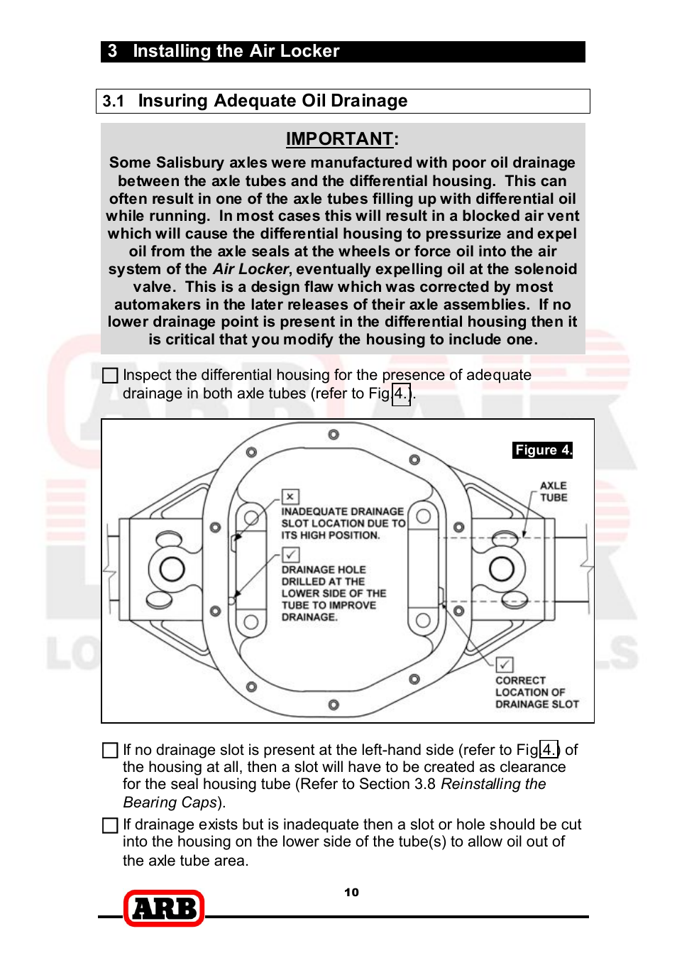 3 installing the air locker, Insuring adequate oil drainage, Important | ARB RD166 User Manual | Page 12 / 42