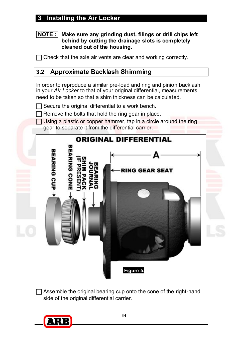 3 installing the air locker, Approximate backlash shimming | ARB RD166 User Manual | Page 13 / 42