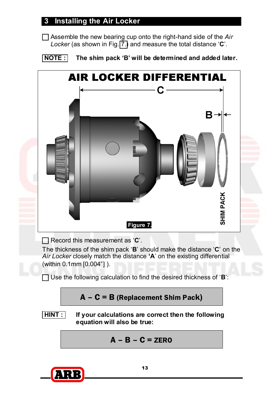 A ² c = b, A ² b ² c, 3 installing the air locker | Replacement shim pac, Zero | ARB RD166 User Manual | Page 15 / 42