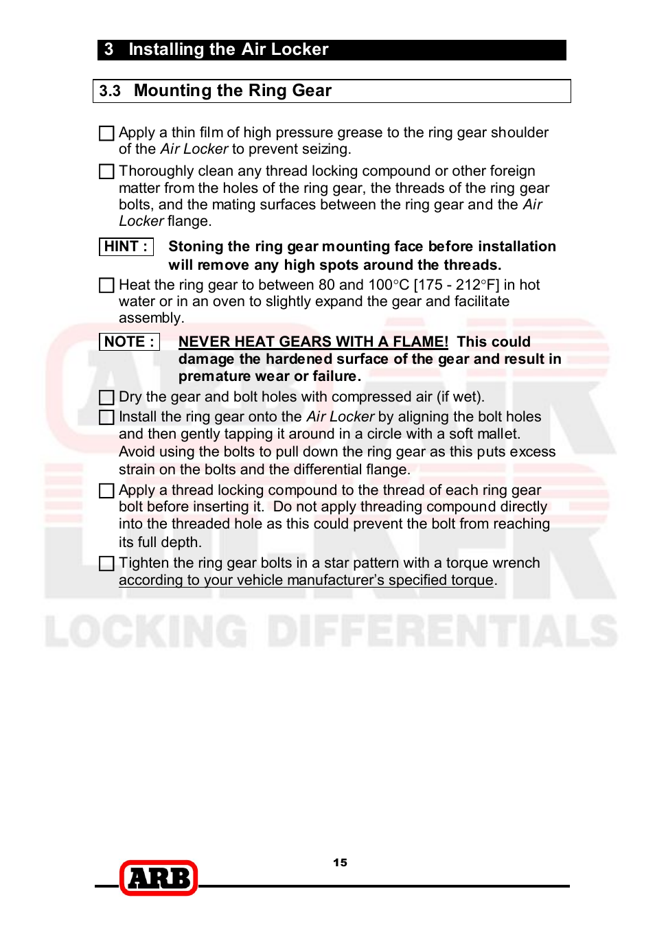 3 installing the air locker, Mounting the ring gear | ARB RD166 User Manual | Page 17 / 42