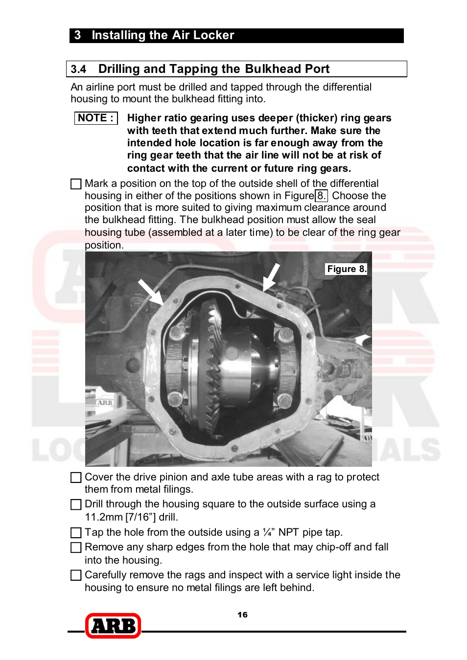 3 installing the air locker, Drilling and tapping the bulkhead port | ARB RD166 User Manual | Page 18 / 42