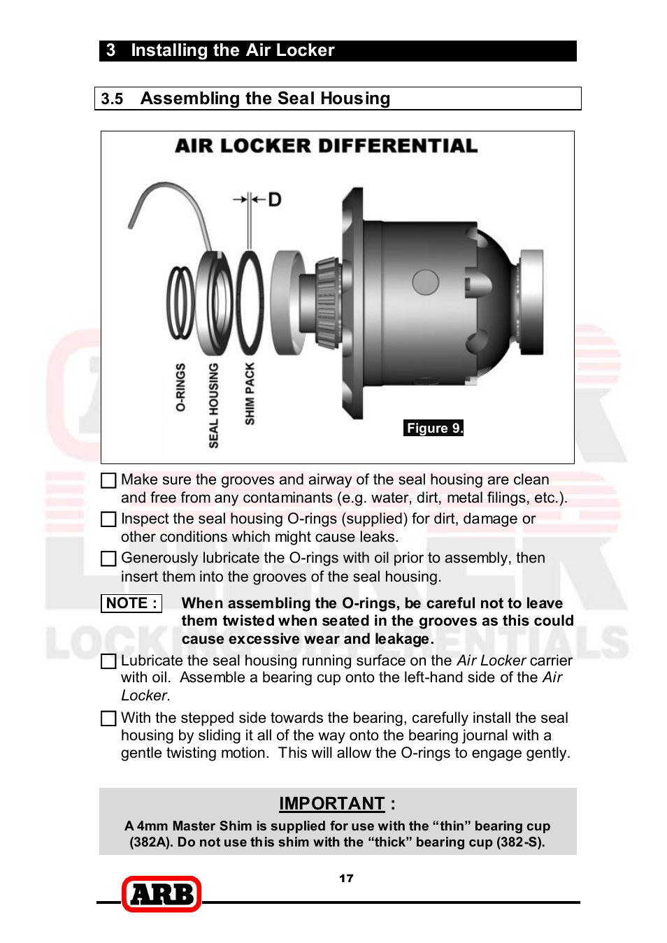 3 installing the air locker, Assembling the seal housing, Important | ARB RD166 User Manual | Page 19 / 42