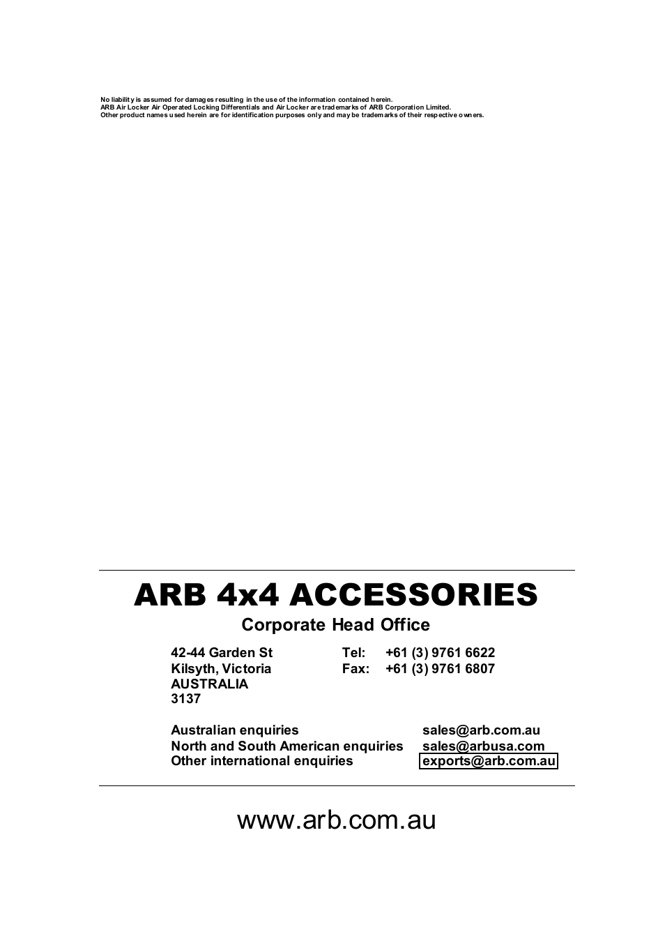 Arb 4x4 accessories, Corporate head office | ARB RD166 User Manual | Page 2 / 42