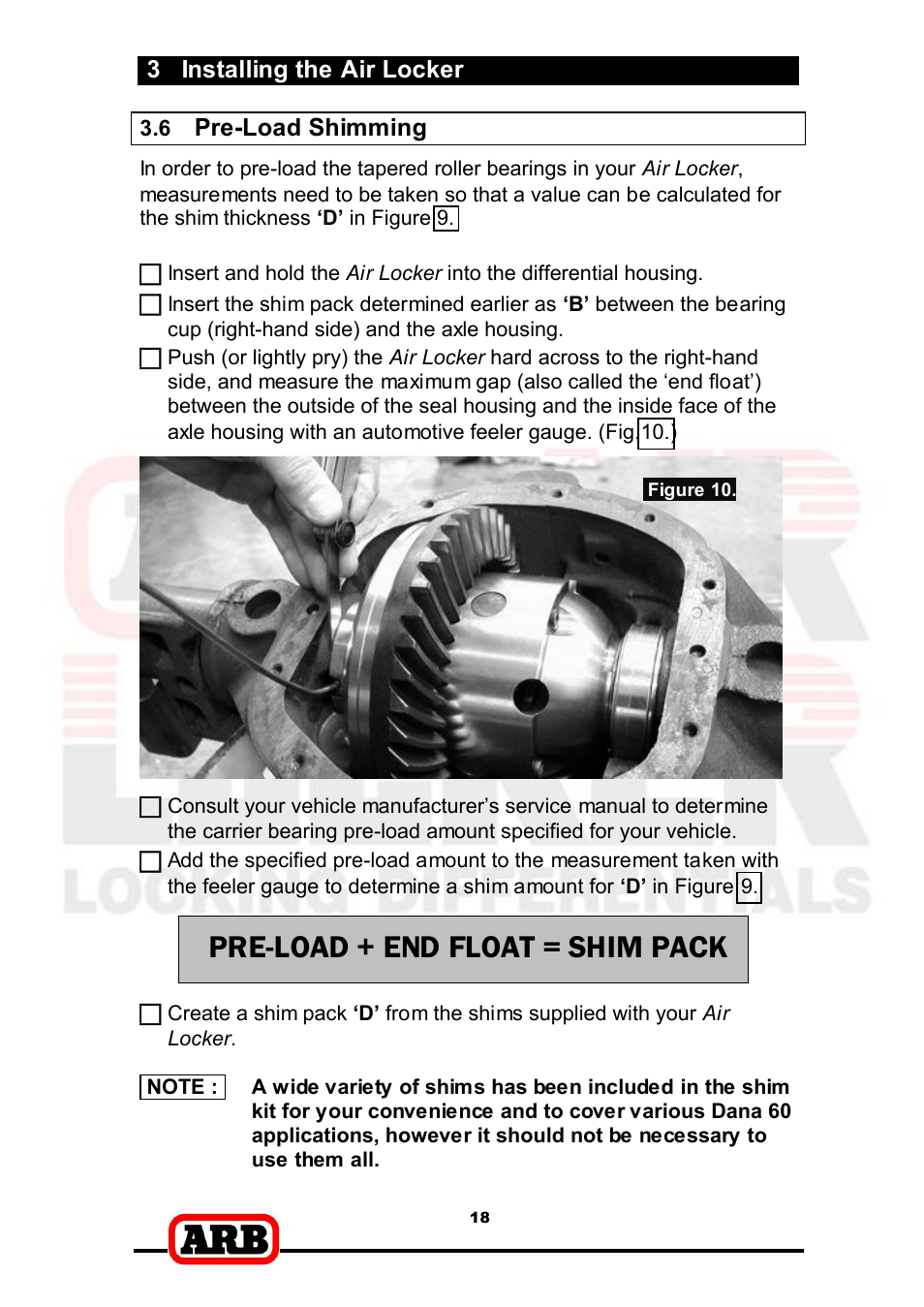 Pre-load + end float = shim pack, 3 installing the air locker, Pre-­load shimming | ARB RD166 User Manual | Page 20 / 42