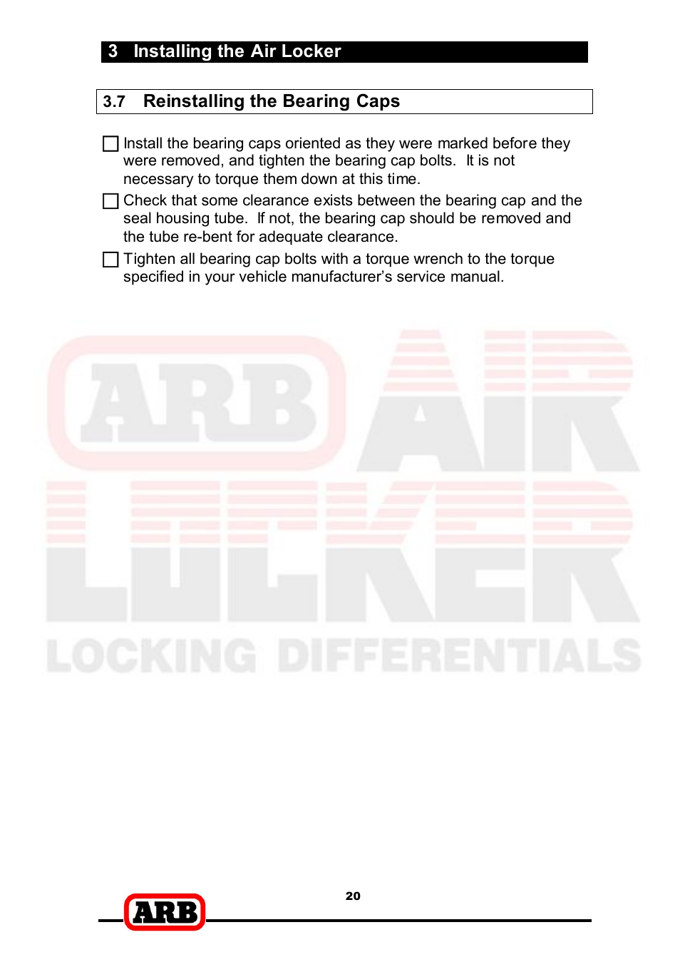 3 installing the air locker, Reinstalling the bearing caps | ARB RD166 User Manual | Page 22 / 42