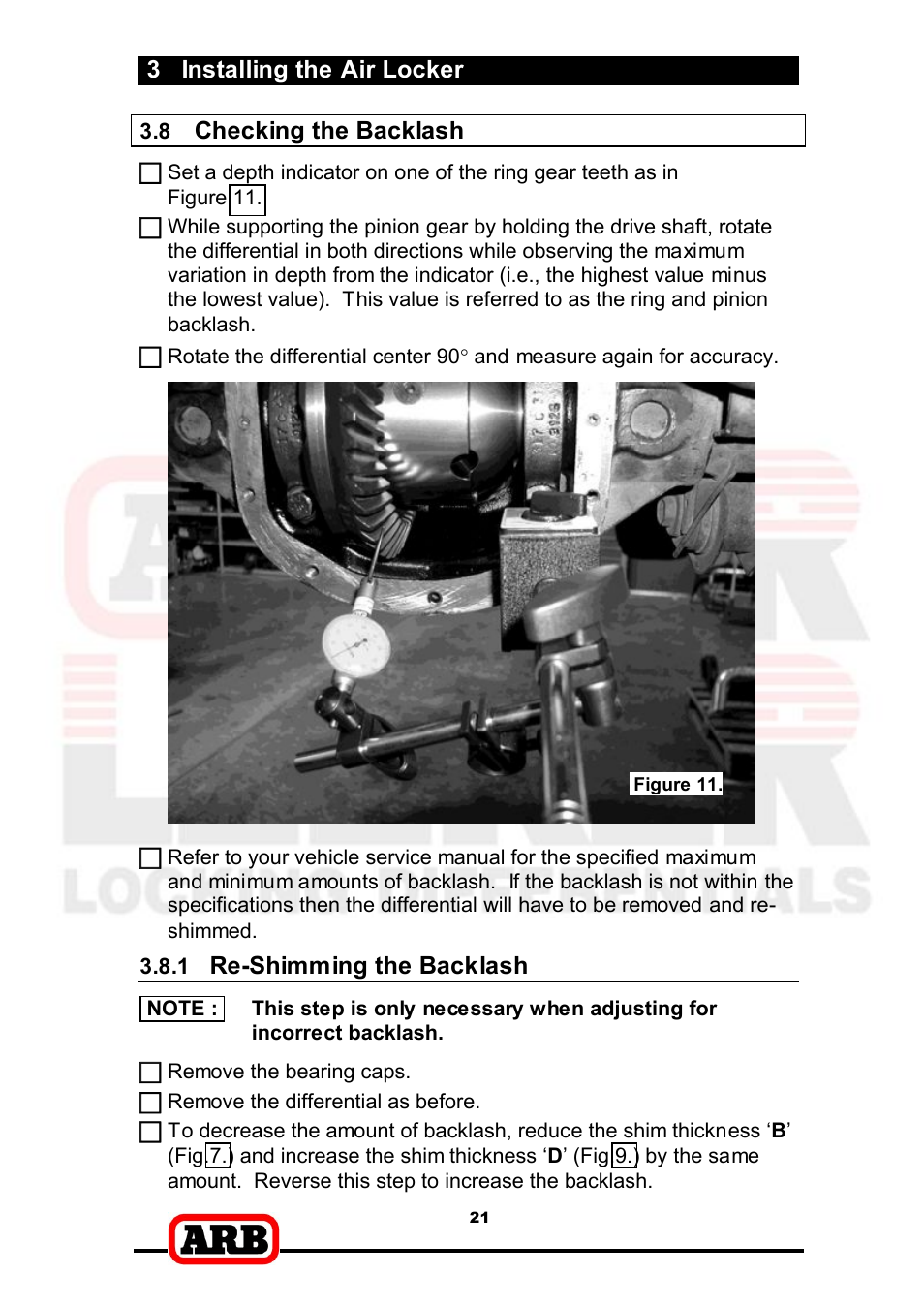 3 installing the air locker, Checking the backlash, Re-­shimming the backlash | ARB RD166 User Manual | Page 23 / 42