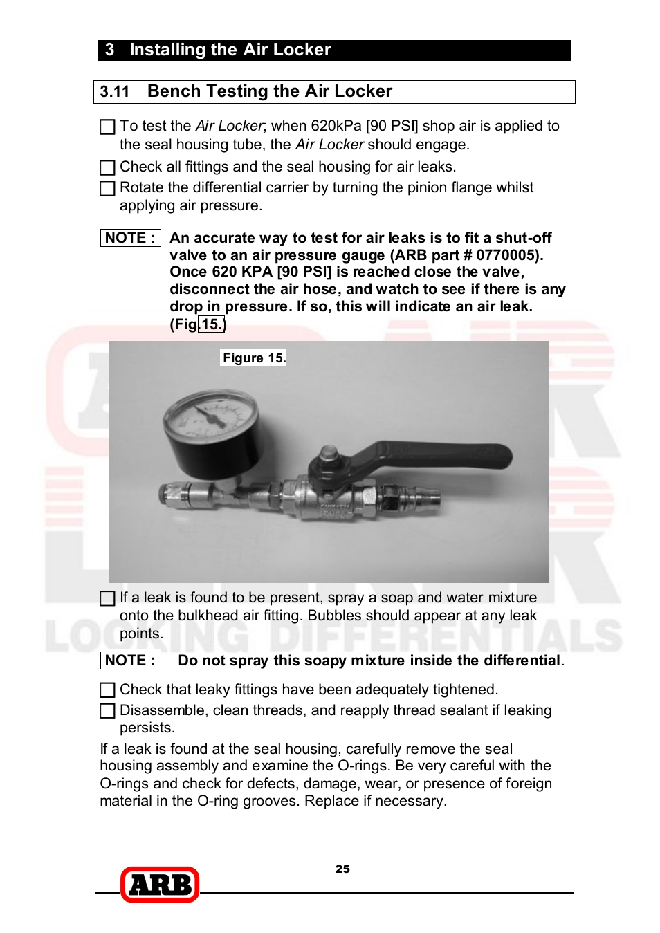 3 installing the air locker, Bench testing the air locker | ARB RD166 User Manual | Page 27 / 42