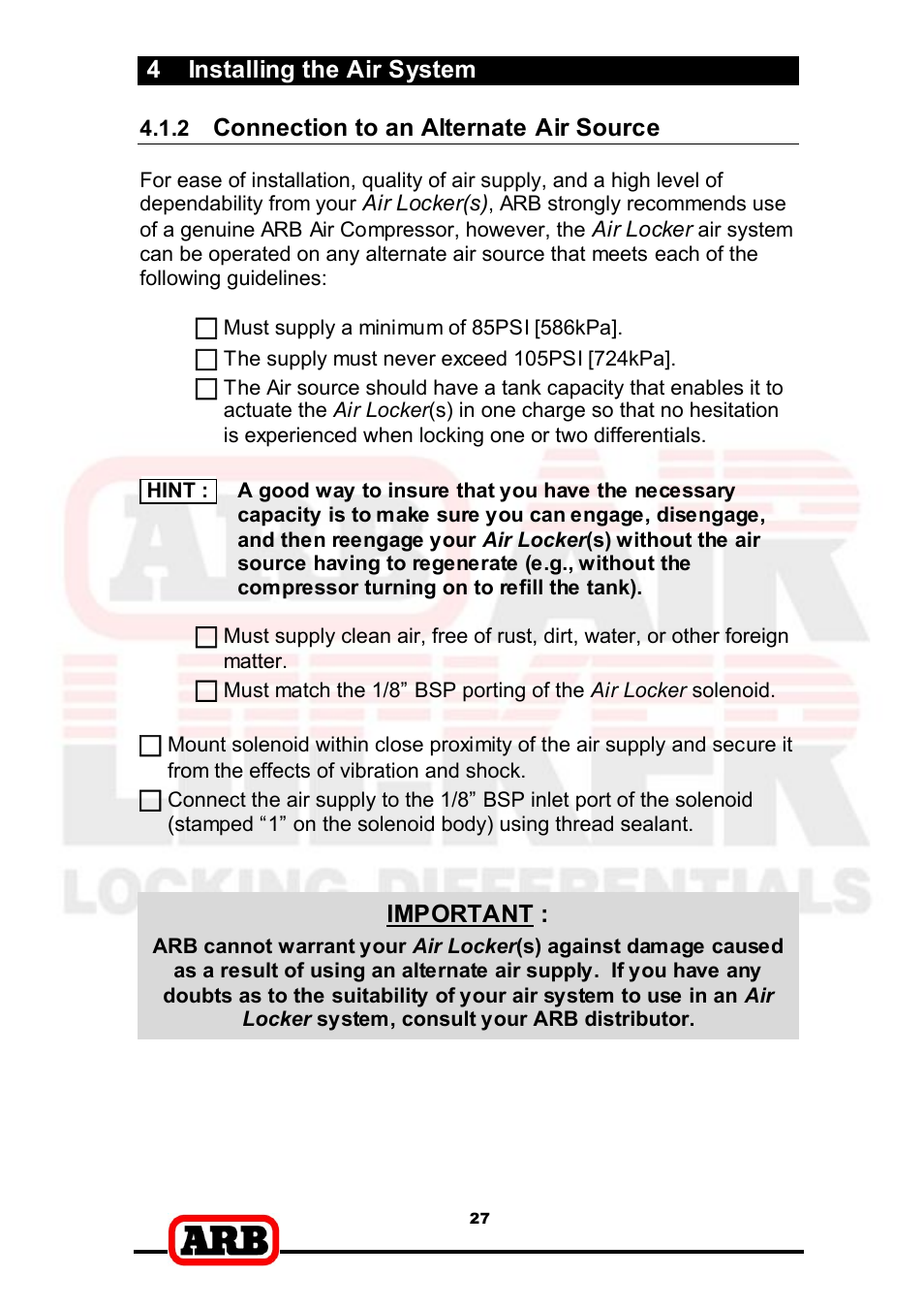 4 installing the air system, Connection to an alternate air source, Important | ARB RD166 User Manual | Page 29 / 42