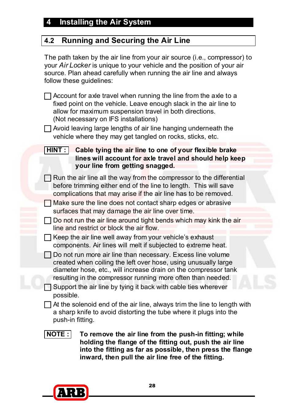 4 installing the air system, Running and securing the air line | ARB RD166 User Manual | Page 30 / 42
