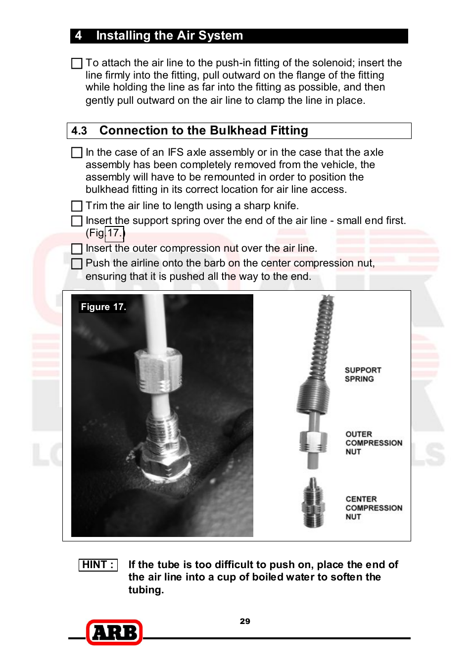 4 installing the air system, Connection to the bulkhead fitting | ARB RD166 User Manual | Page 31 / 42