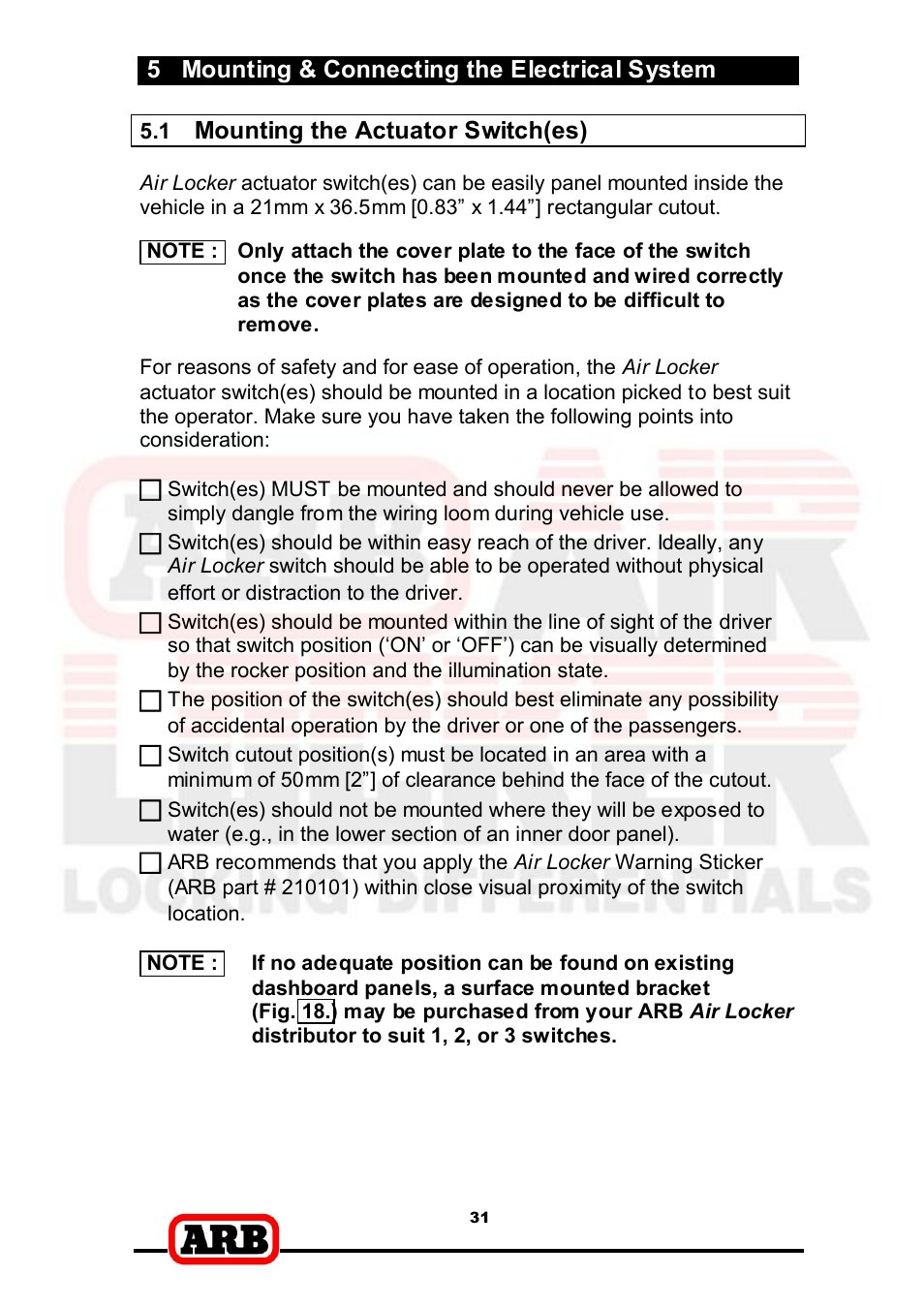 5 mounting & connecting the electrical system, Mounting the actuator switch(es) | ARB RD166 User Manual | Page 33 / 42