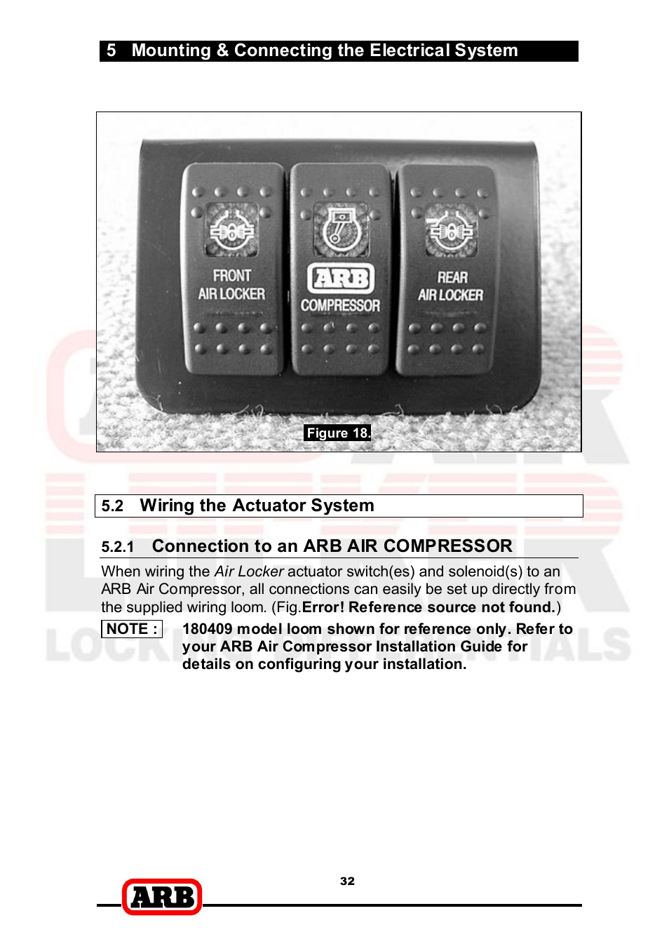 5 mounting & connecting the electrical system, Wiring the actuator system, Connection to an arb air compressor | ARB RD166 User Manual | Page 34 / 42