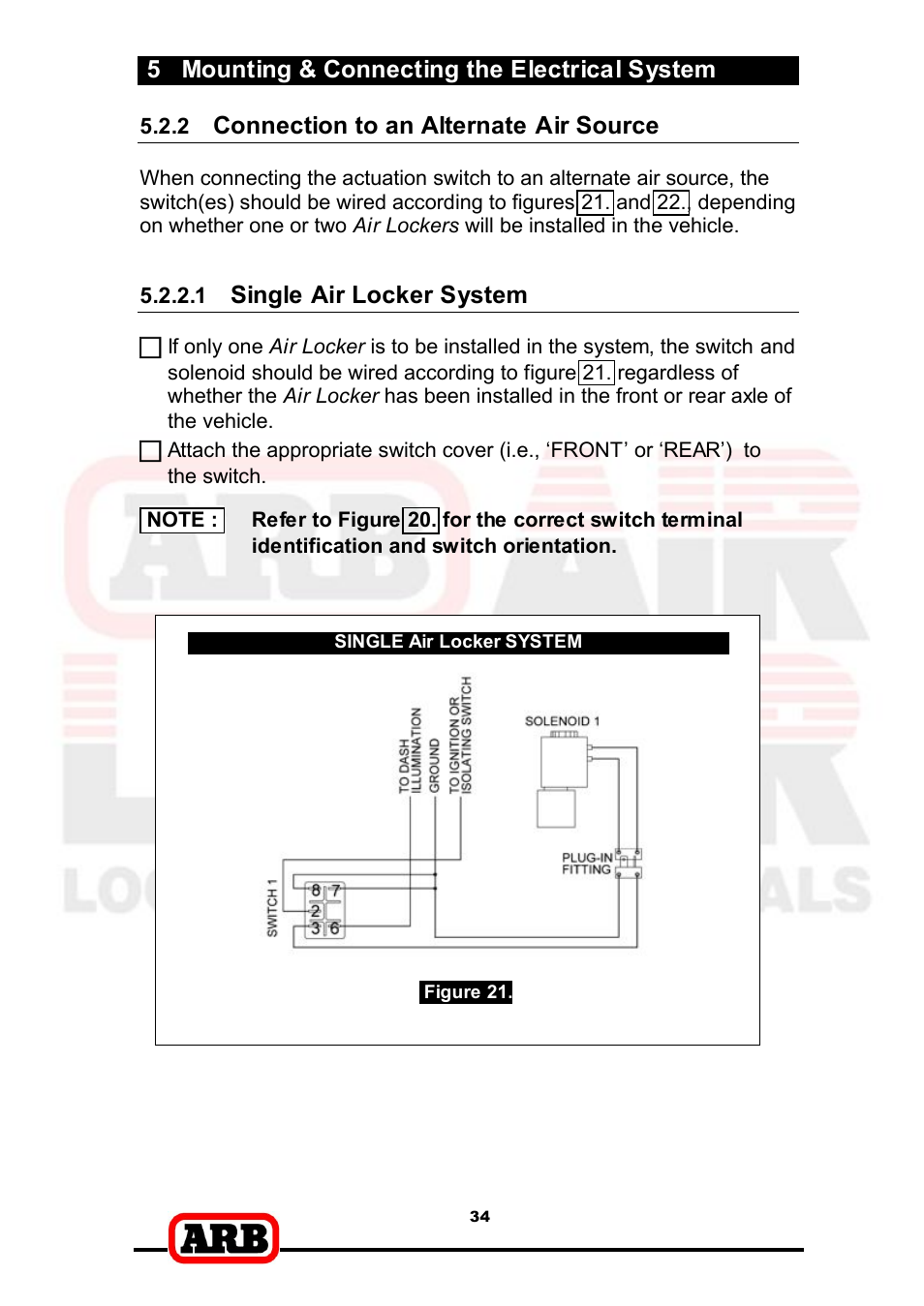 5 mounting & connecting the electrical system, Connection to an alternate air source, Single air locker system | ARB RD166 User Manual | Page 36 / 42