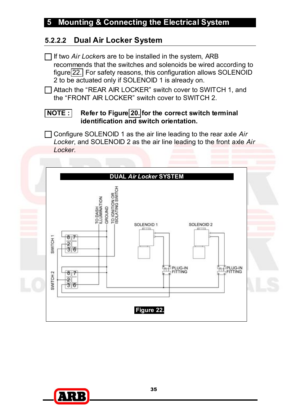 And 22., depending, 5 mounting & connecting the electrical system, Dual air locker system | ARB RD166 User Manual | Page 37 / 42