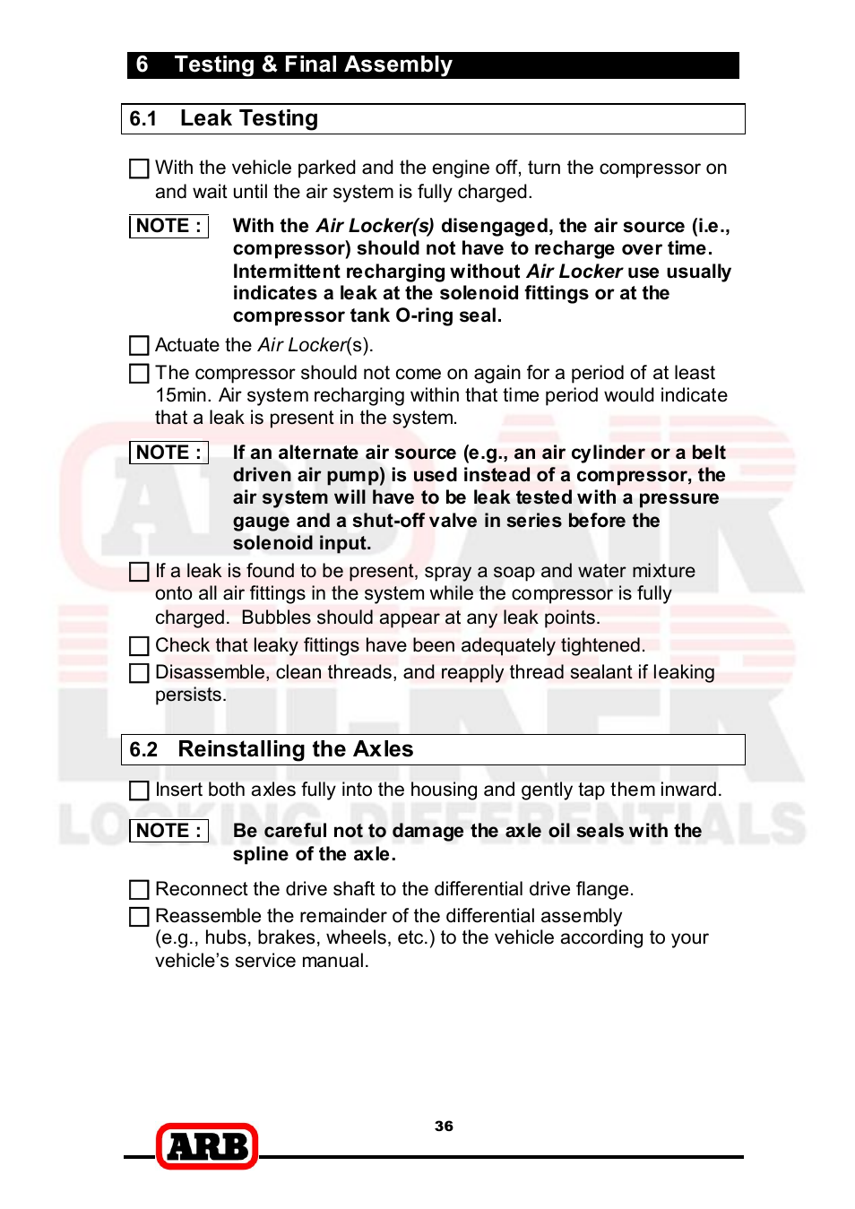 6 testing & final assembly, Leak testing, Reinstalling the axles | ARB RD166 User Manual | Page 38 / 42