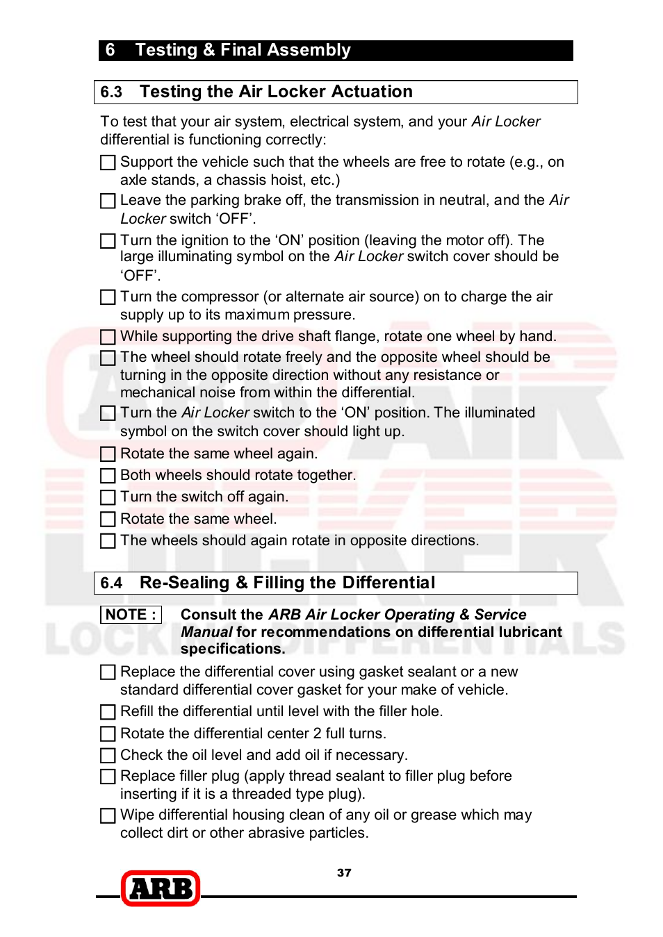 6 testing & final assembly, Testing the air locker actuation, Re-­sealing & filling the differential | ARB RD166 User Manual | Page 39 / 42