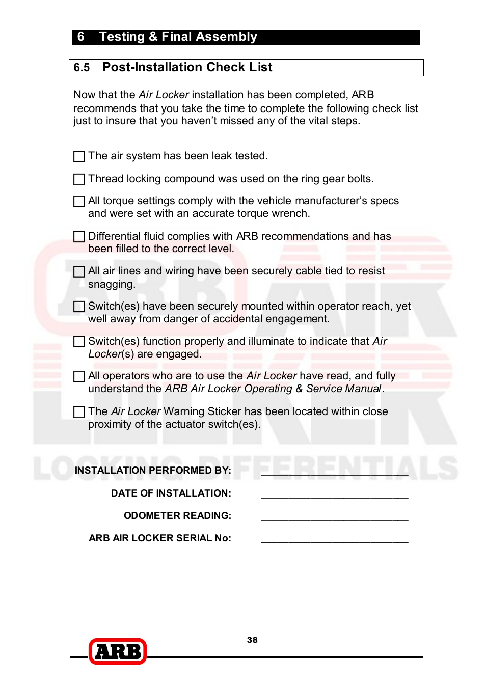 6 testing & final assembly, Post-­installation check list | ARB RD166 User Manual | Page 40 / 42