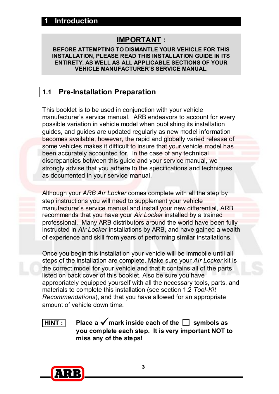 1 introduction, Important, Pre-­installation preparation | ARB RD166 User Manual | Page 5 / 42