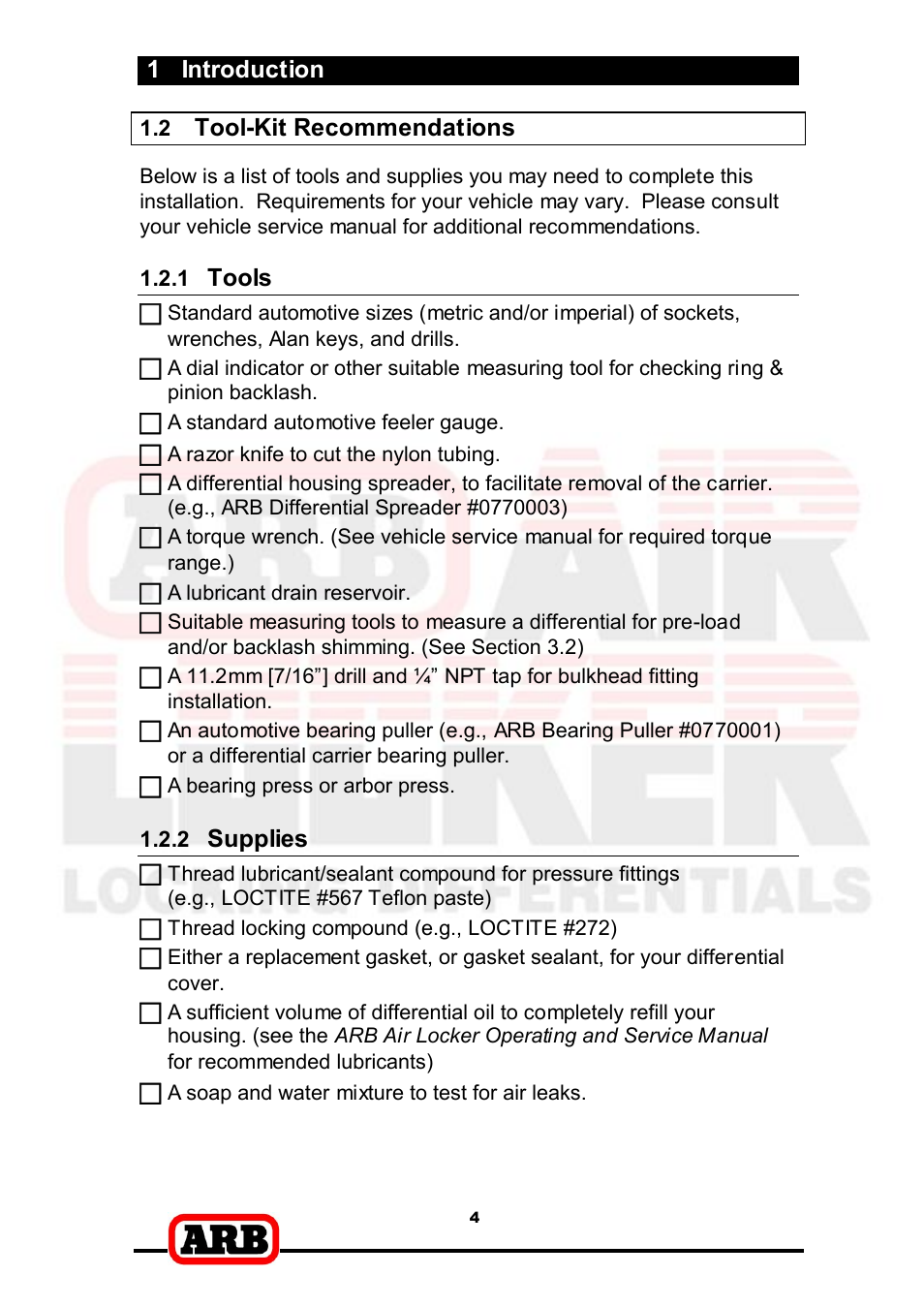 1 introduction, Tool-­kit recommendations, Tools | Supplies | ARB RD166 User Manual | Page 6 / 42