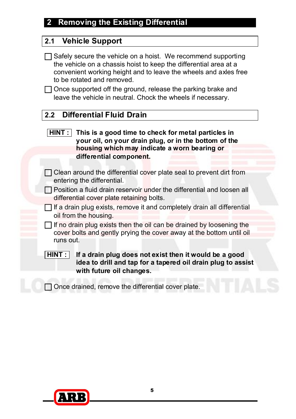 2 removing the existing differential, Vehicle support, Differential fluid drain | ARB RD166 User Manual | Page 7 / 42