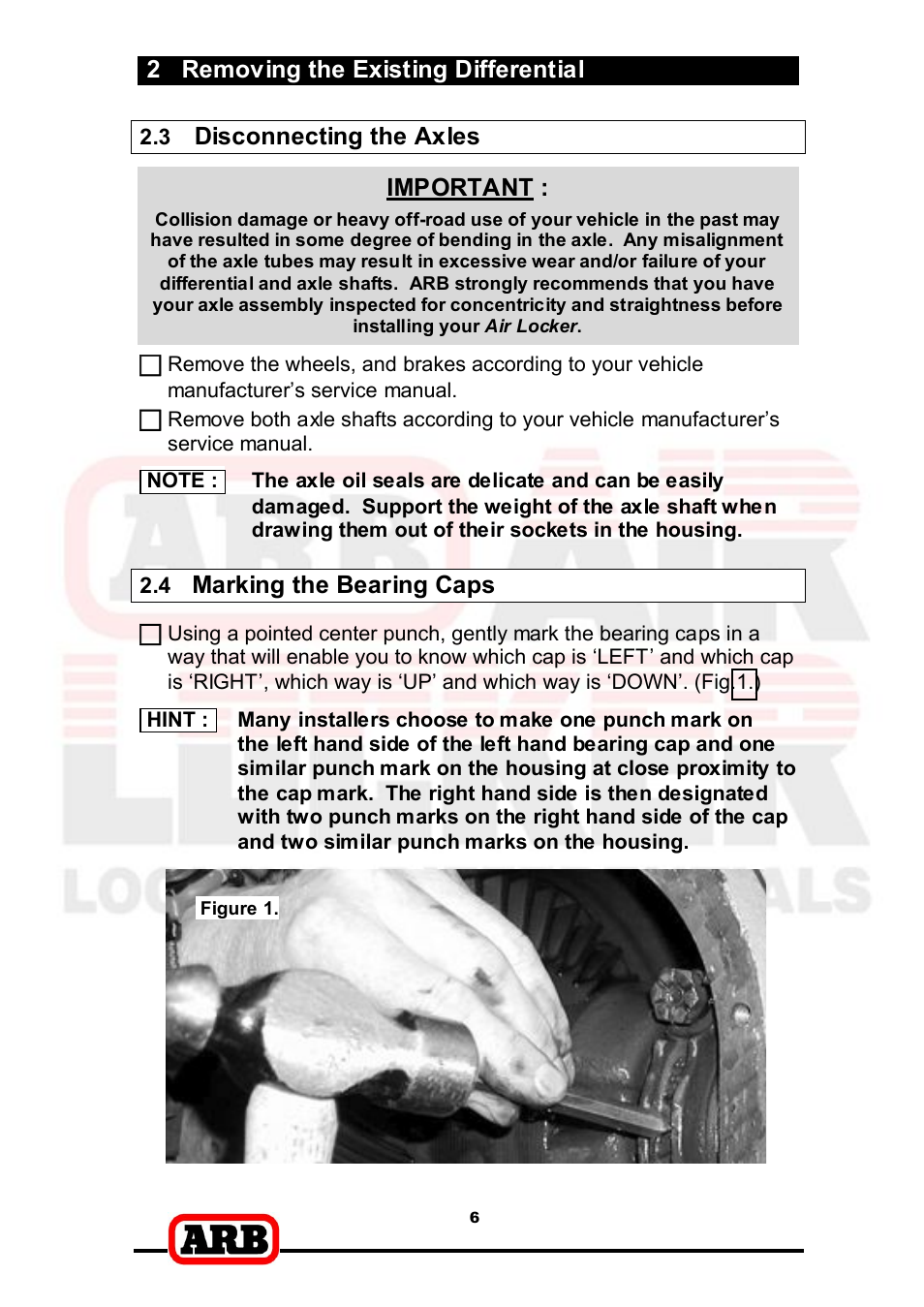 2 removing the existing differential, Disconnecting the axles, Important | Marking the bearing caps | ARB RD166 User Manual | Page 8 / 42