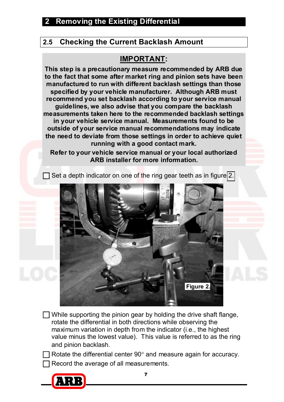 2 removing the existing differential, Checking the current backlash amount, Important | ARB RD166 User Manual | Page 9 / 42
