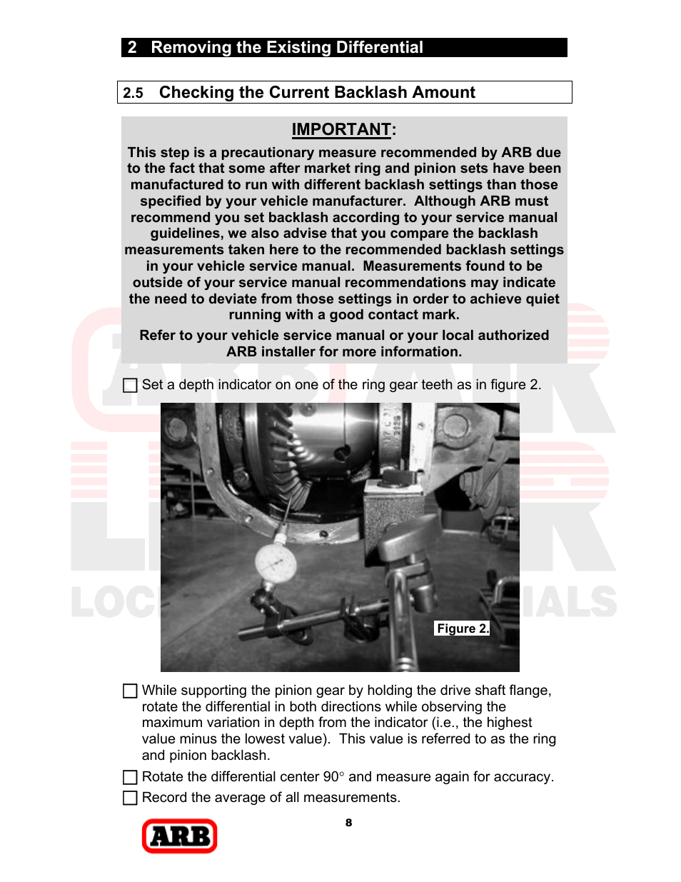 2 removing the existing differential, Checking the current backlash amount, Important | ARB RD168 User Manual | Page 10 / 44