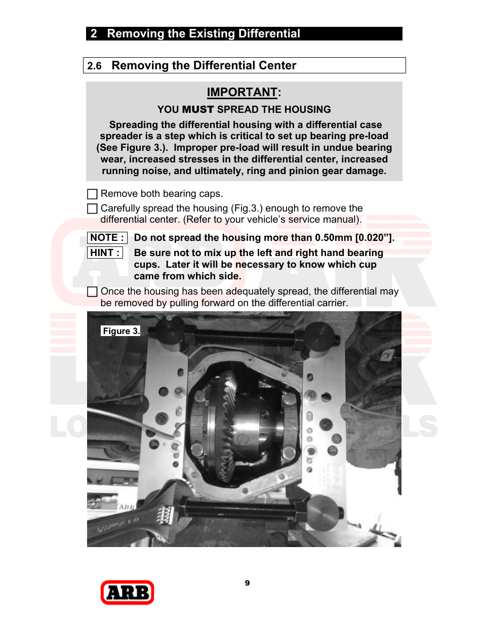 2 removing the existing differential, Removing the differential center, Important | You must spread the housing | ARB RD168 User Manual | Page 11 / 44