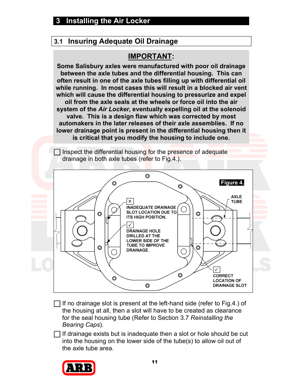 3 installing the air locker, Insuring adequate oil drainage, Important | ARB RD168 User Manual | Page 13 / 44