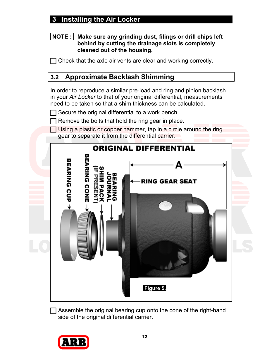 3 installing the air locker, Approximate backlash shimming | ARB RD168 User Manual | Page 14 / 44