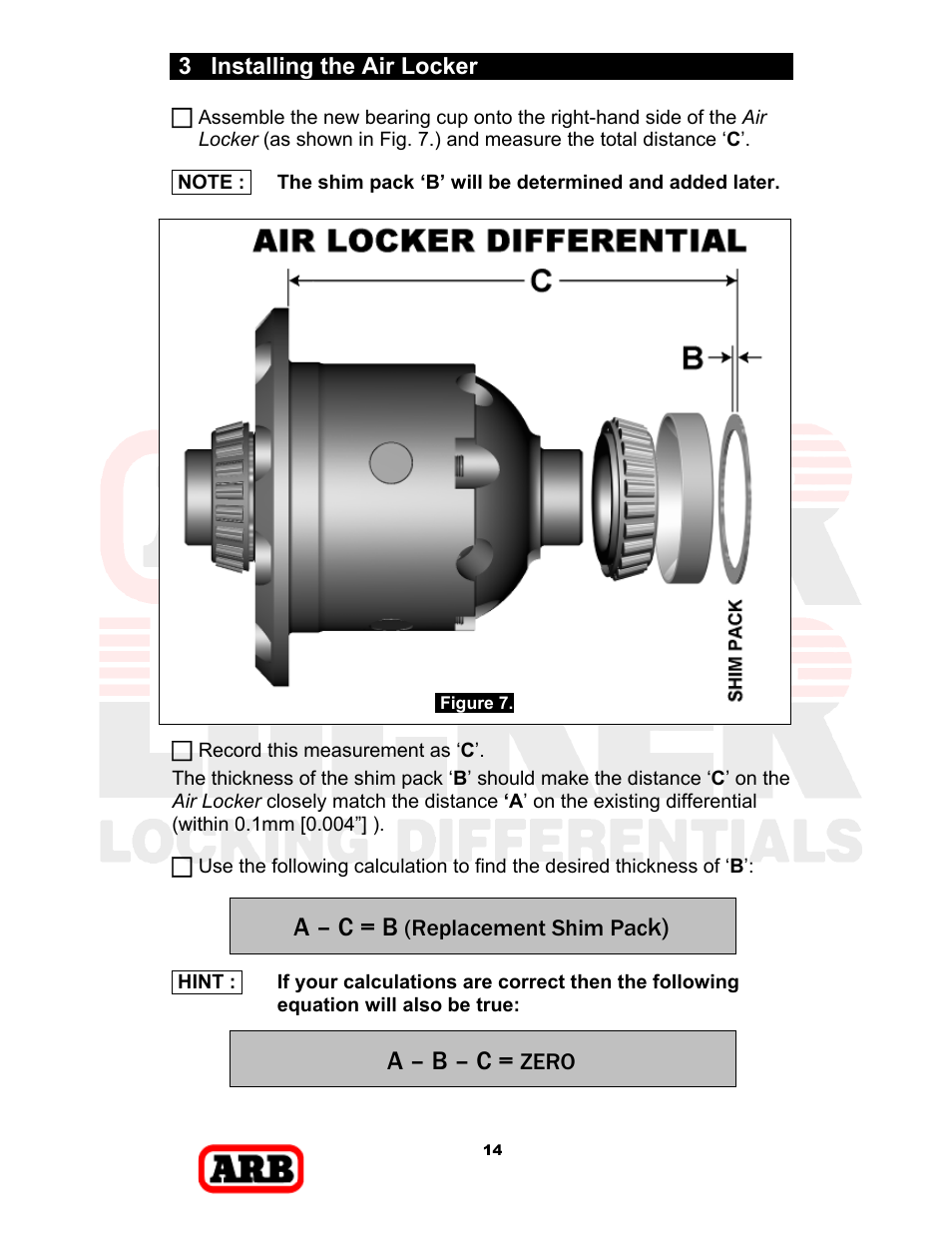A – c = b, A – b – c, 3 installing the air locker | Replacement shim pac, Zero | ARB RD168 User Manual | Page 16 / 44
