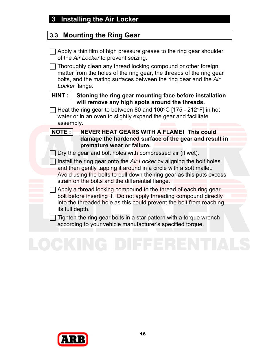 3 installing the air locker, Mounting the ring gear | ARB RD168 User Manual | Page 18 / 44