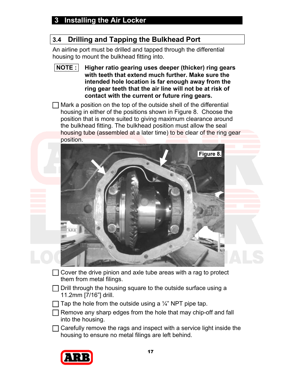 3 installing the air locker, Drilling and tapping the bulkhead port | ARB RD168 User Manual | Page 19 / 44