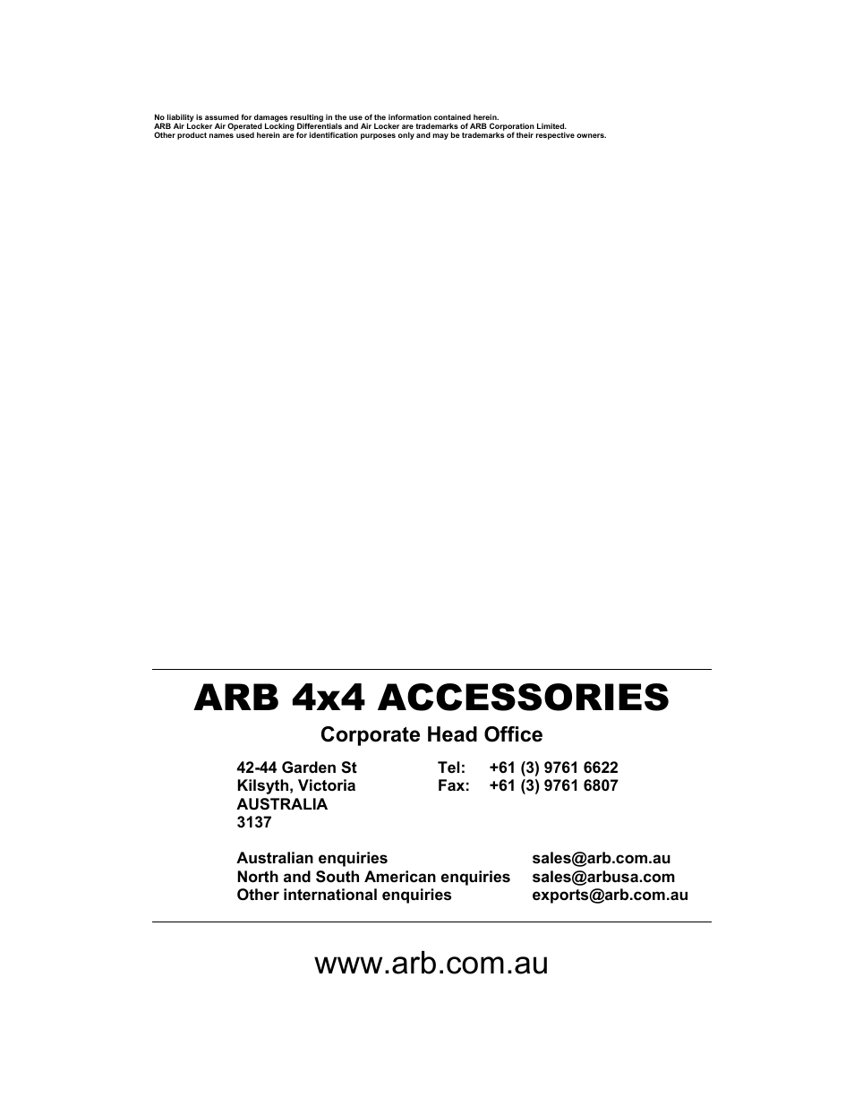Arb 4x4 accessories, Corporate head office | ARB RD168 User Manual | Page 2 / 44