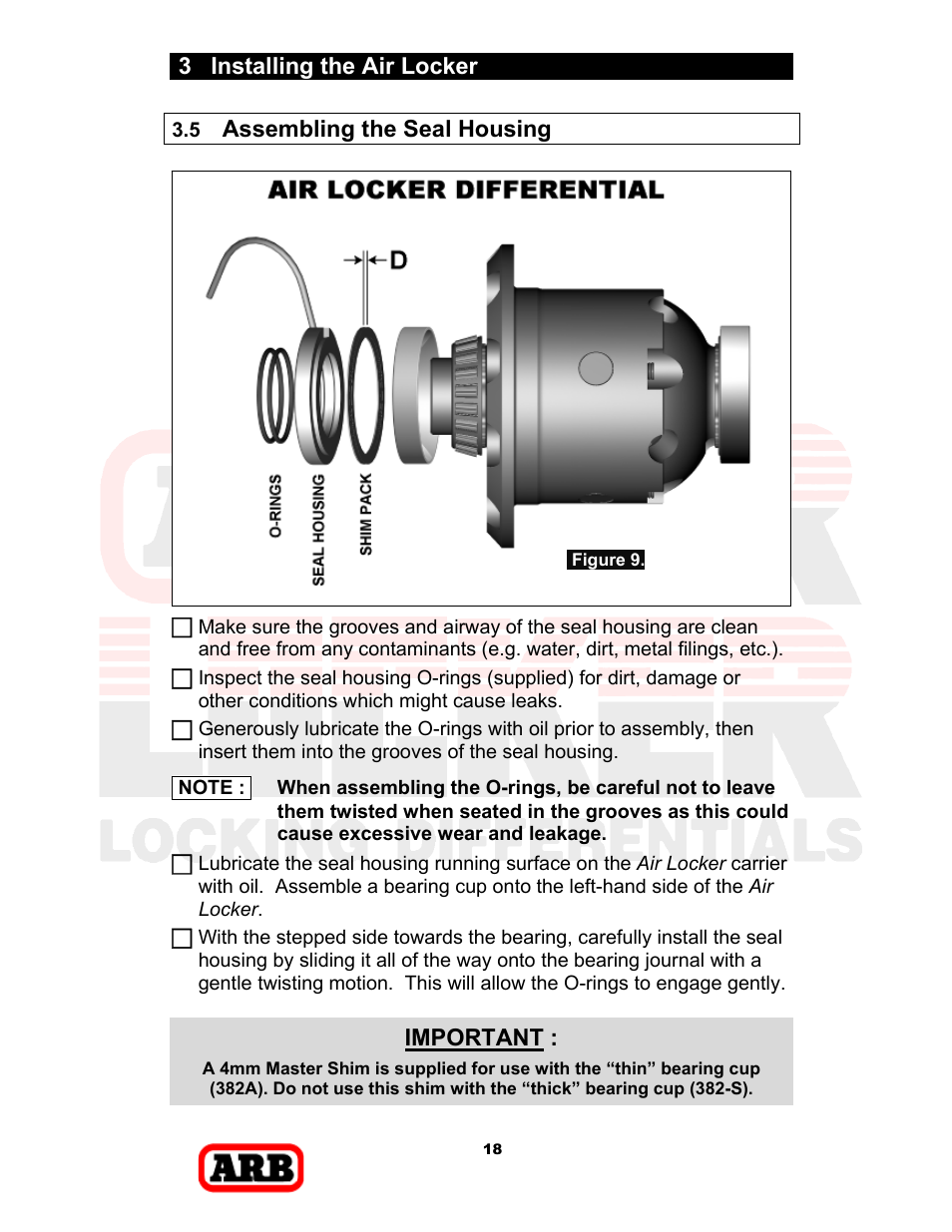 3 installing the air locker, Assembling the seal housing, Important | ARB RD168 User Manual | Page 20 / 44