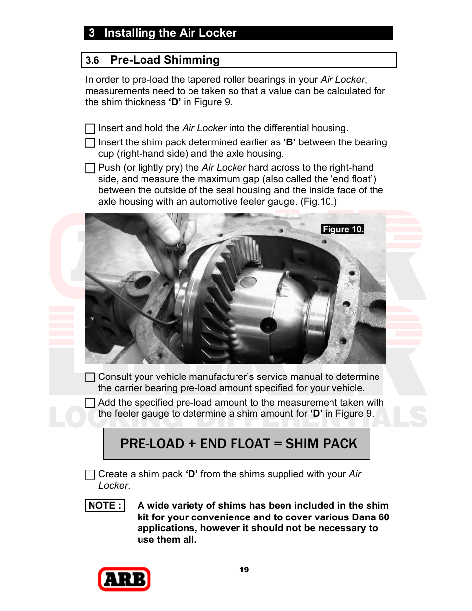 Pre-load + end float = shim pack, 3 installing the air locker, Pre-load shimming | ARB RD168 User Manual | Page 21 / 44